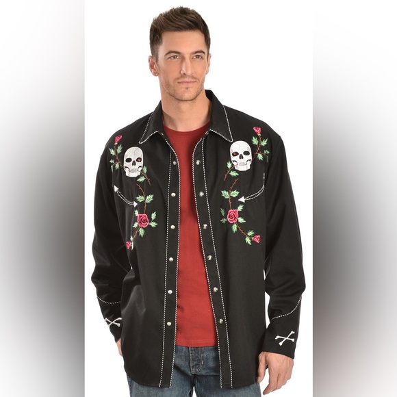 Vintage Scully Skull Rose Western Embroidered Pearl Snap Black Button Up Size L - Picture 4 of 15